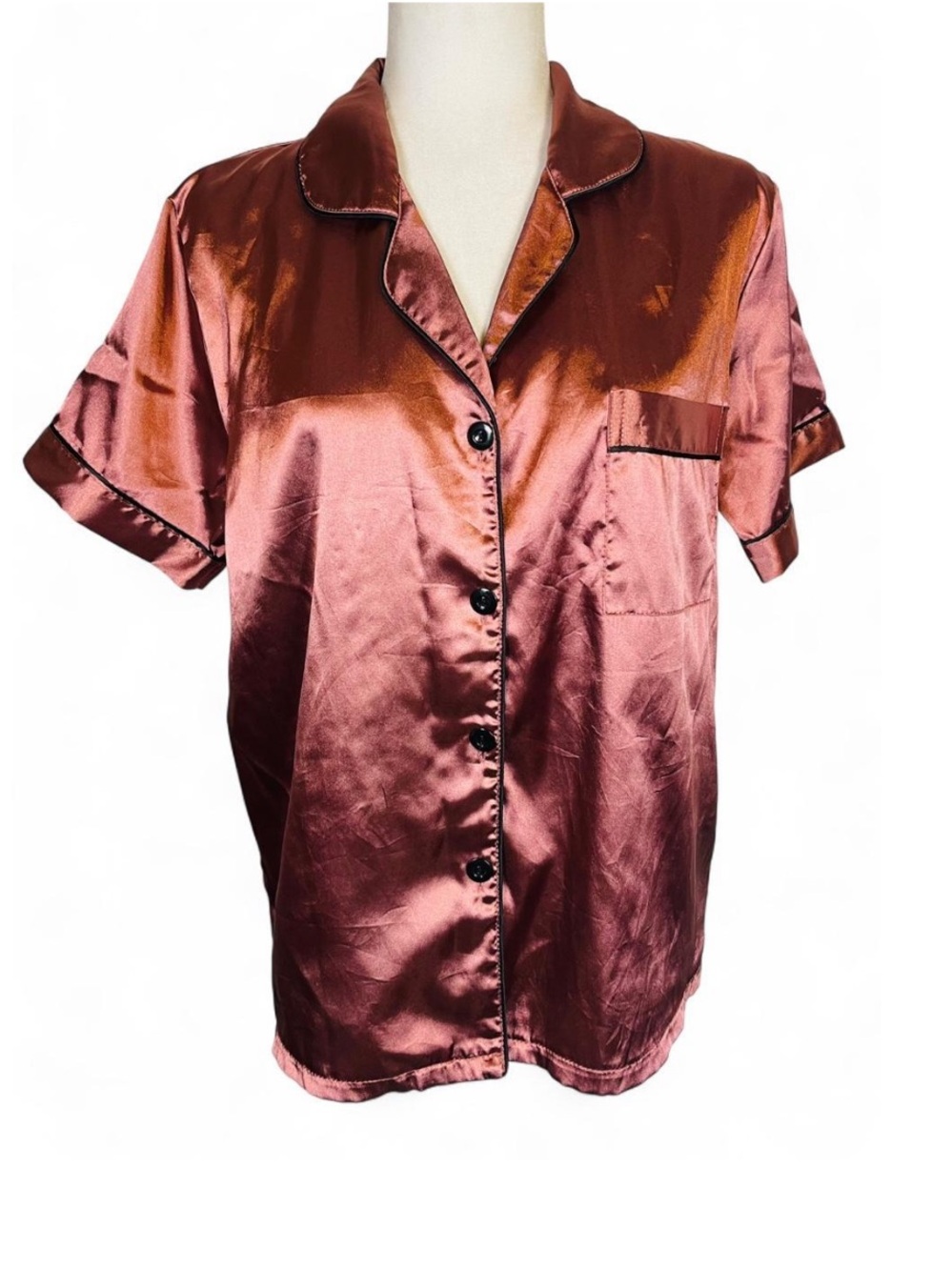 Women's Size Large L Button Down Pajama Top Shirt Short Sleeve Brown Black Trim